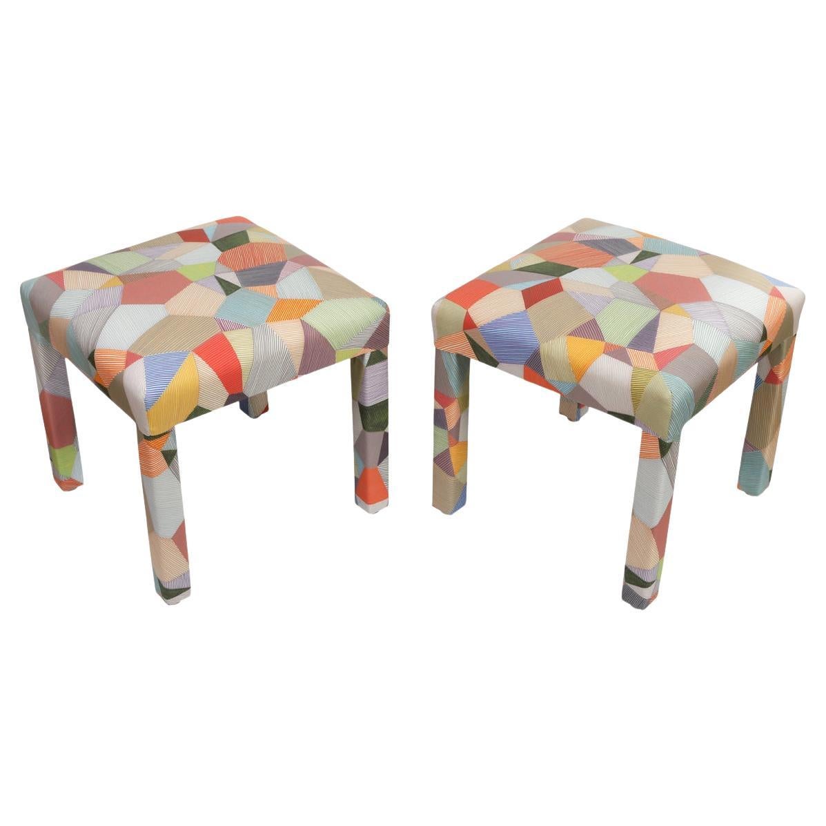 Pair of Newly Upholstered Multicolor Strie Patchwork Benches For Sale