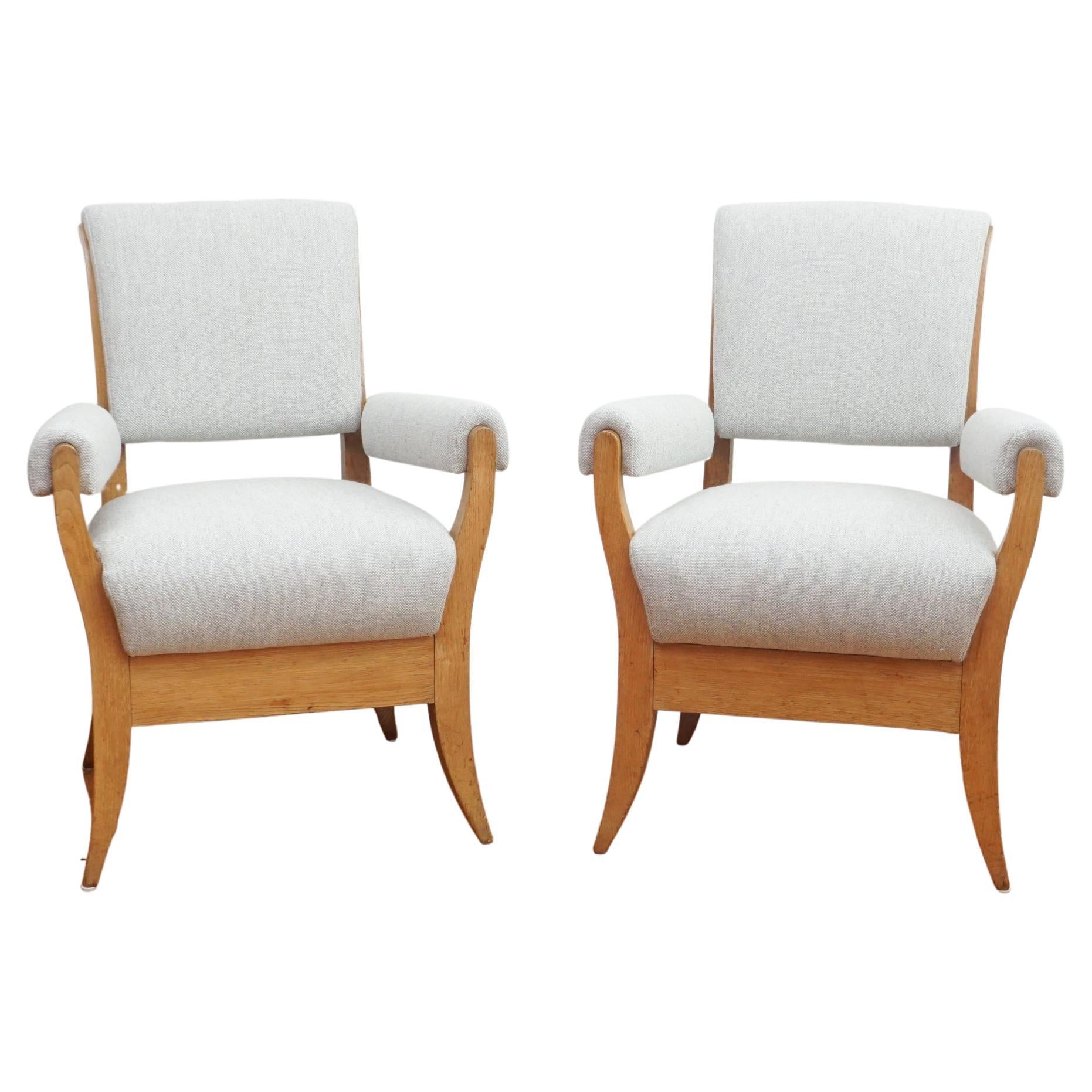 Pair of Newly Upholstered Oak Armchairs C. 1945 For Sale