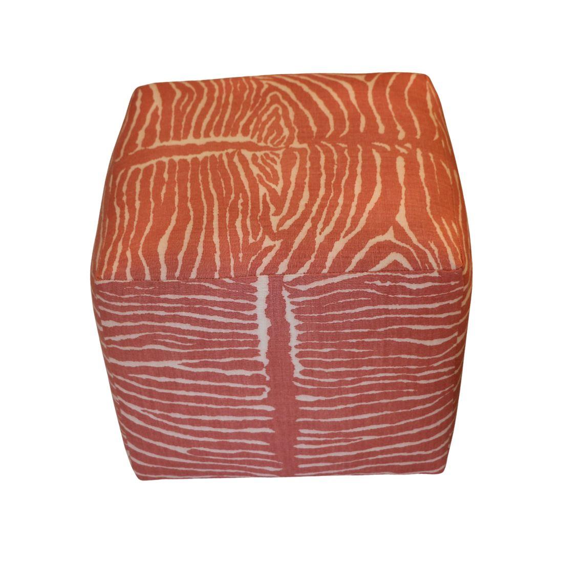 This is a pair of petite ottomans featuring newly upholstered fabric. The design displays a lively and organic pattern resembling a zebra or woodgrain motif in shades of red and white, adding a bold and playful aesthetic. The compact, cubic form is
