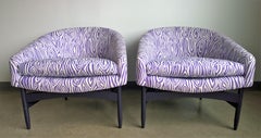 Pair of Newly Upholstered Purple & White Animal Print Barrel Back Lounge Chairs