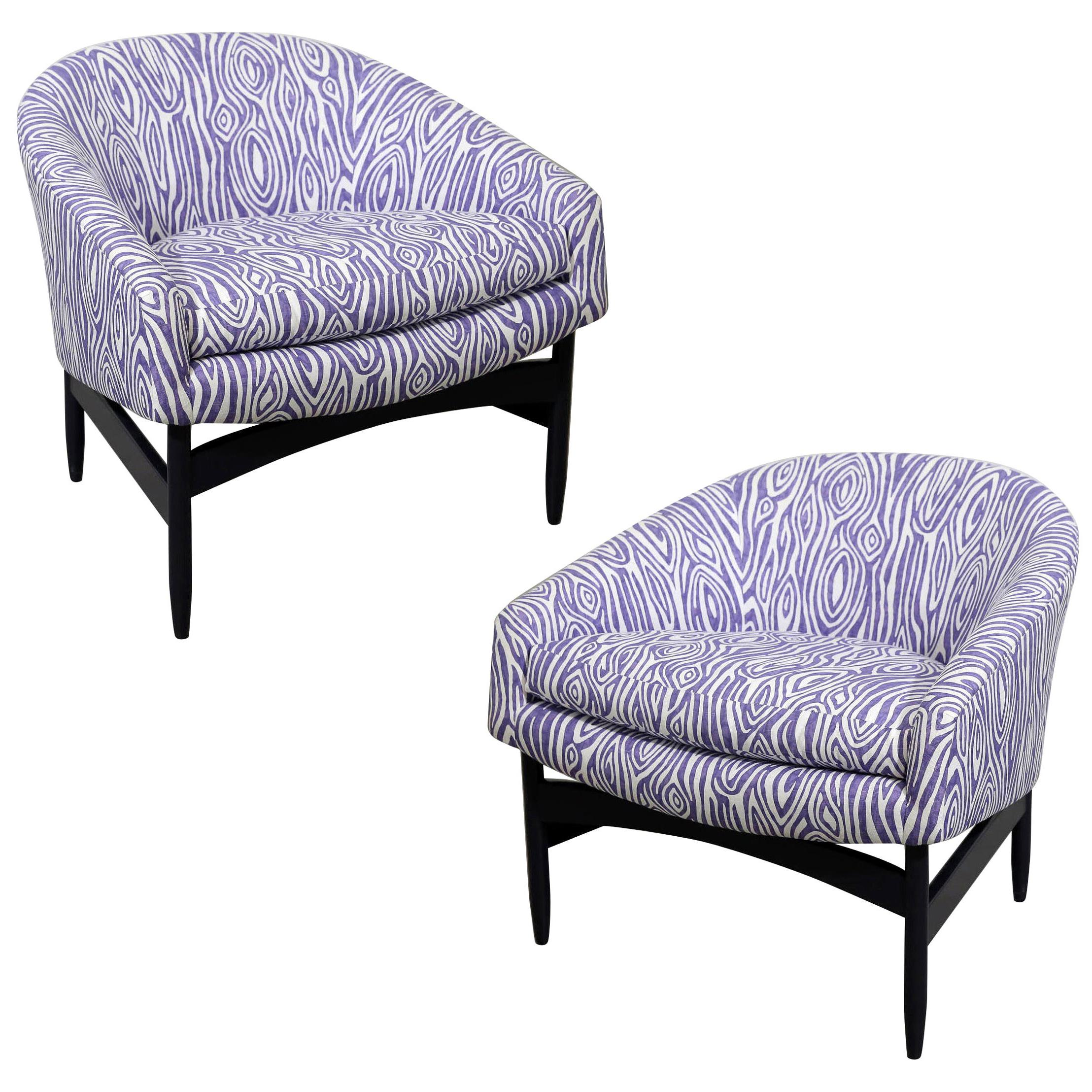 Pair of Newly Upholstered Purple & White Animal Print Barrel Back Lounge Chairs For Sale