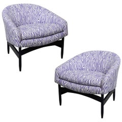 Retro Pair of Newly Upholstered Purple & White Animal Print Barrel Back Lounge Chairs