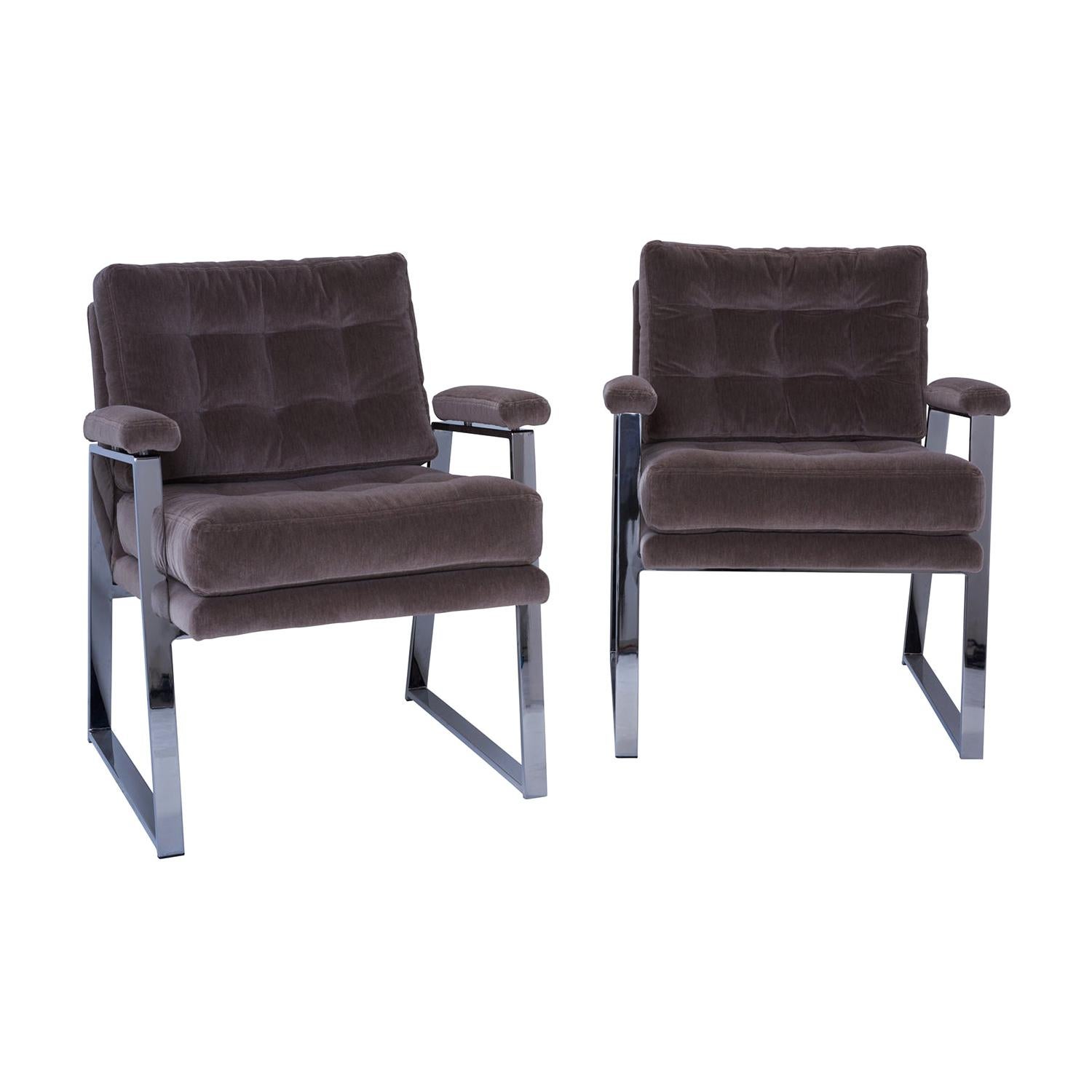 Pair of Newly Upholstered Vintage Midcentury Tufted Chairs with Chrome Base
