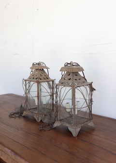 Pair of Newly Wired Antique French Tôle and Glass Lanterns