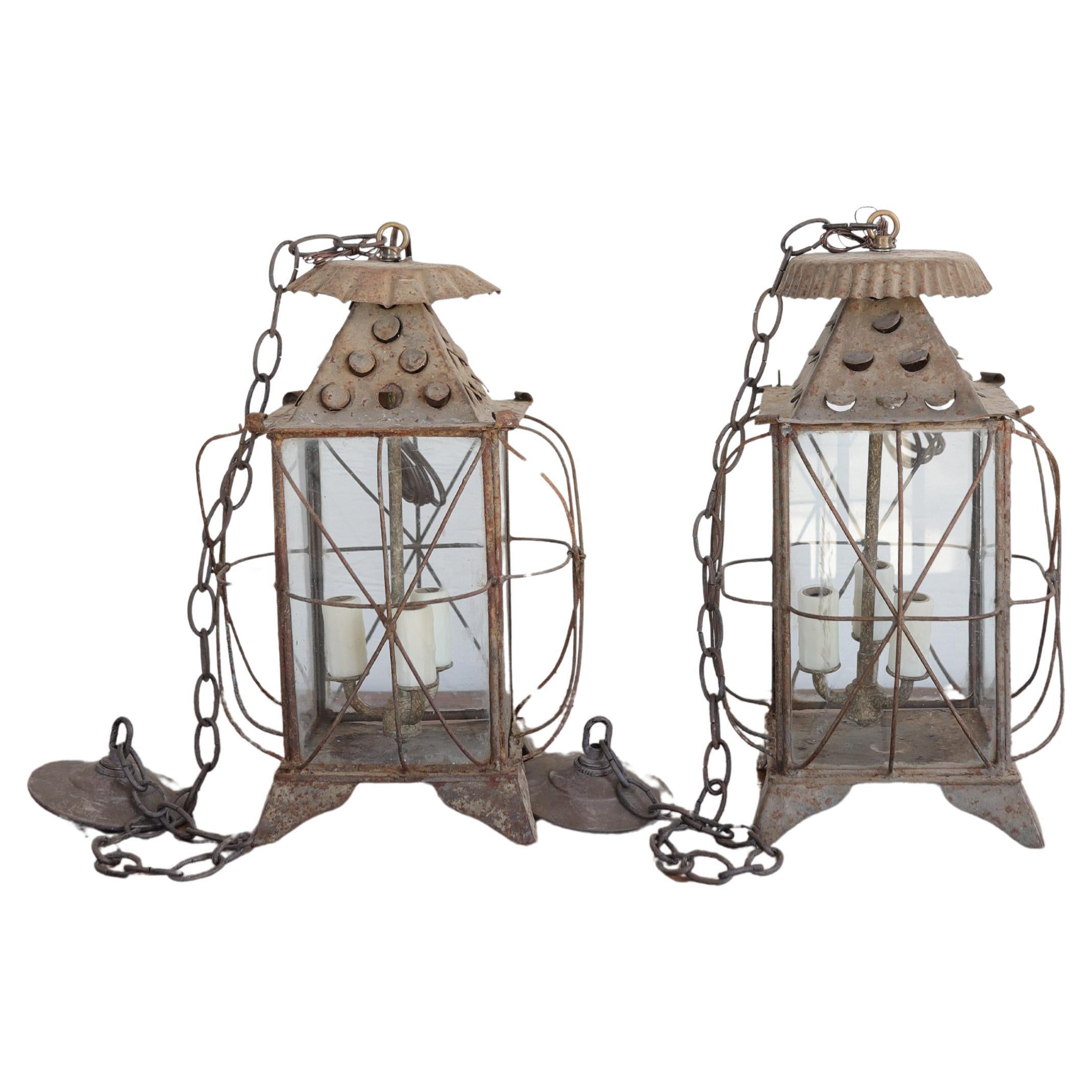 Pair of Newly Wired Antique French Tôle and Glass Lanterns