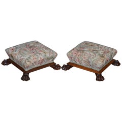 Pair of Nice Victorian Hardwood Lion Hairy Paw Feet Footstools Floral Upholstery