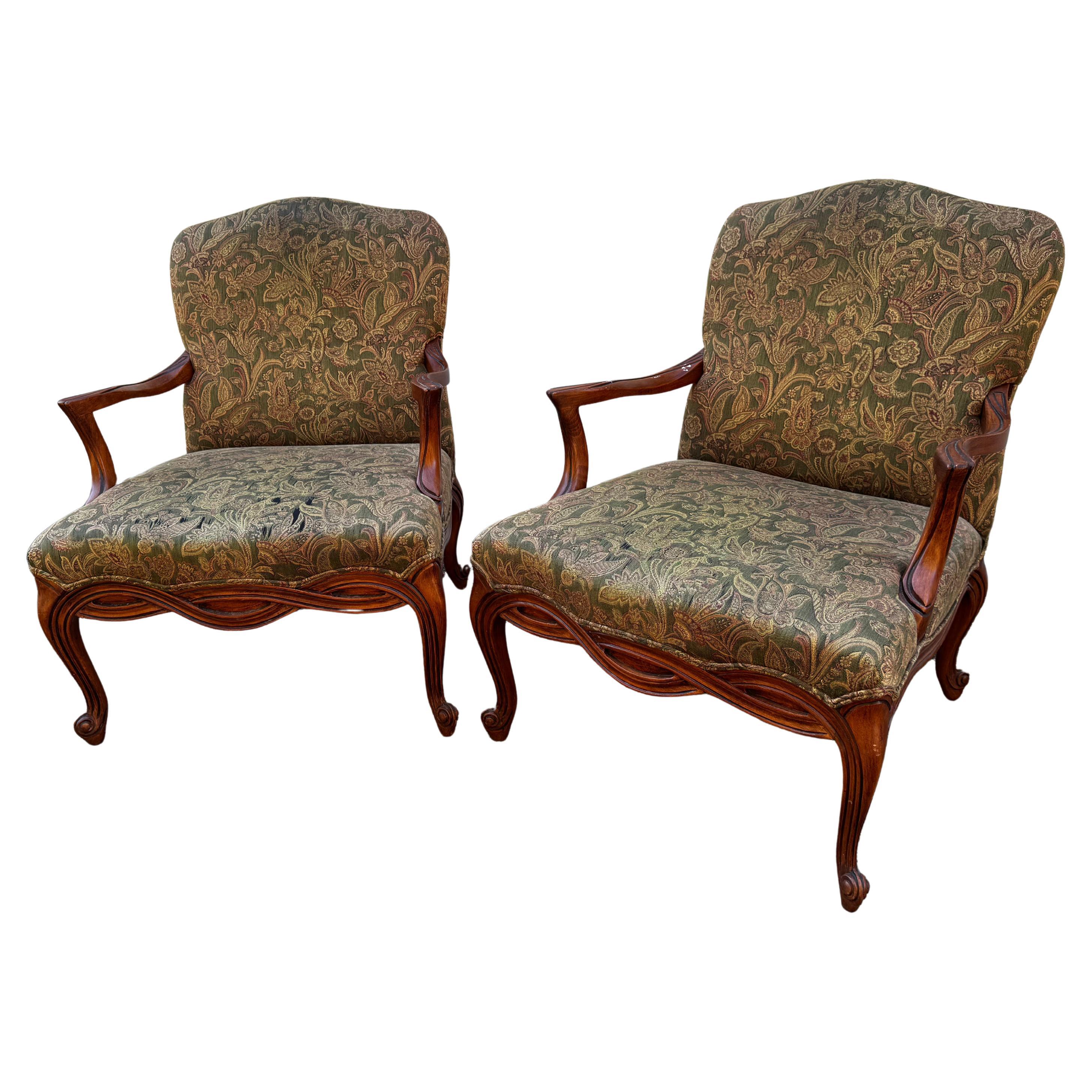 Pair of Nicely Upholstered Walnut French Provincial Style Bergeres For Sale