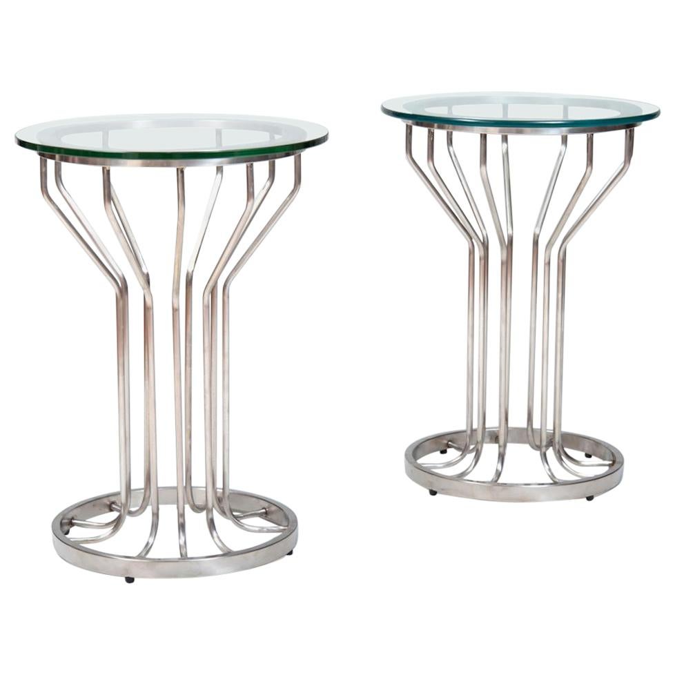 Pair of Nickel and Glass Circular Side Tables