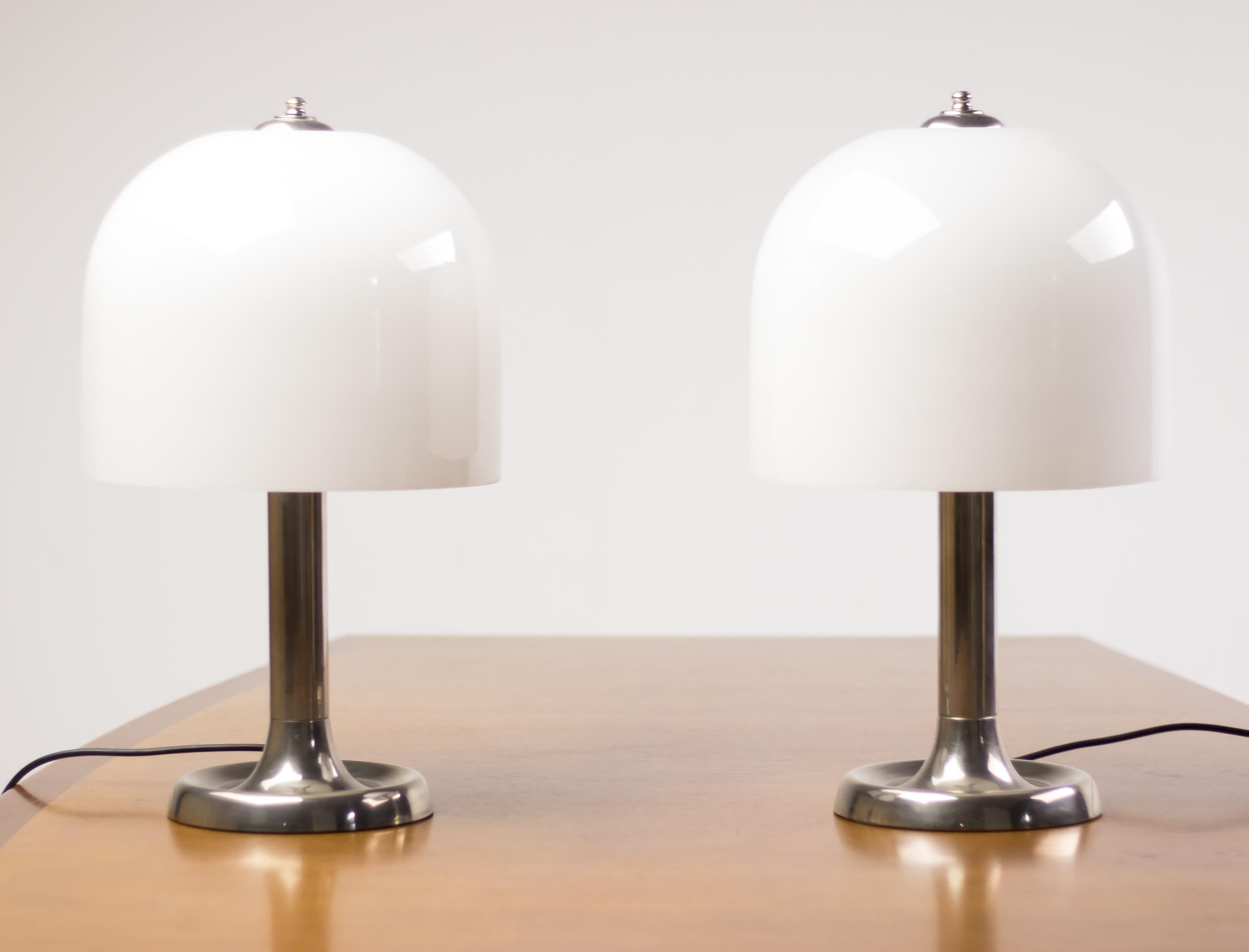 Dutch Pair of Nickel and Glass Table Lamps