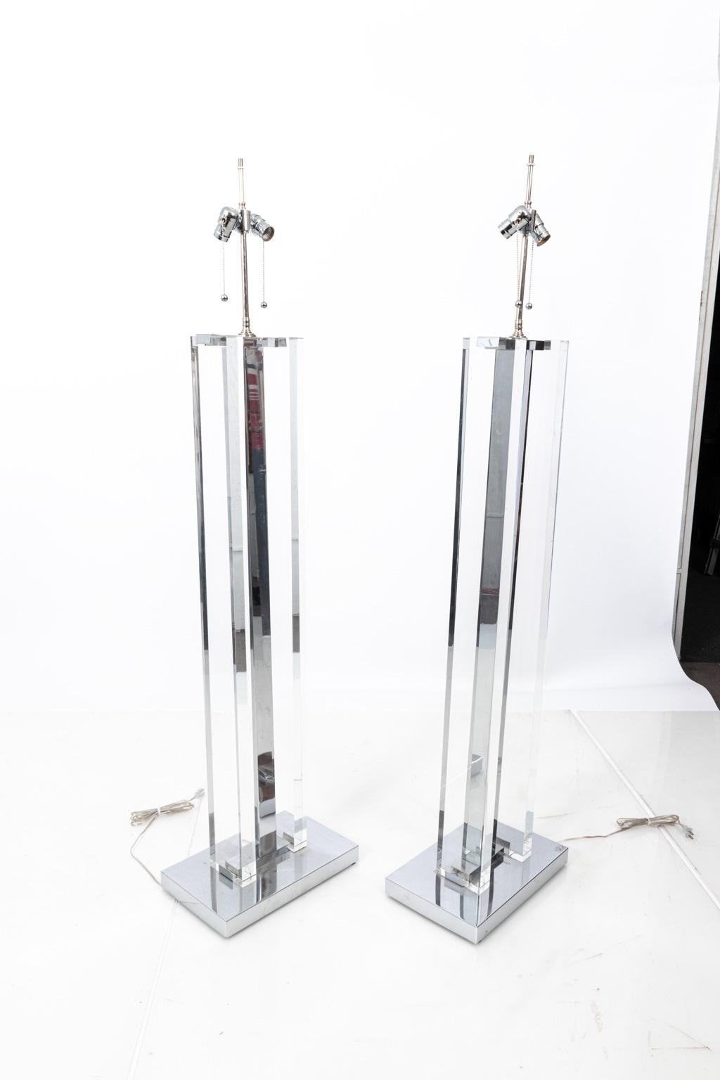 20th Century Pair of Nickel and Lucite Floor Lamps