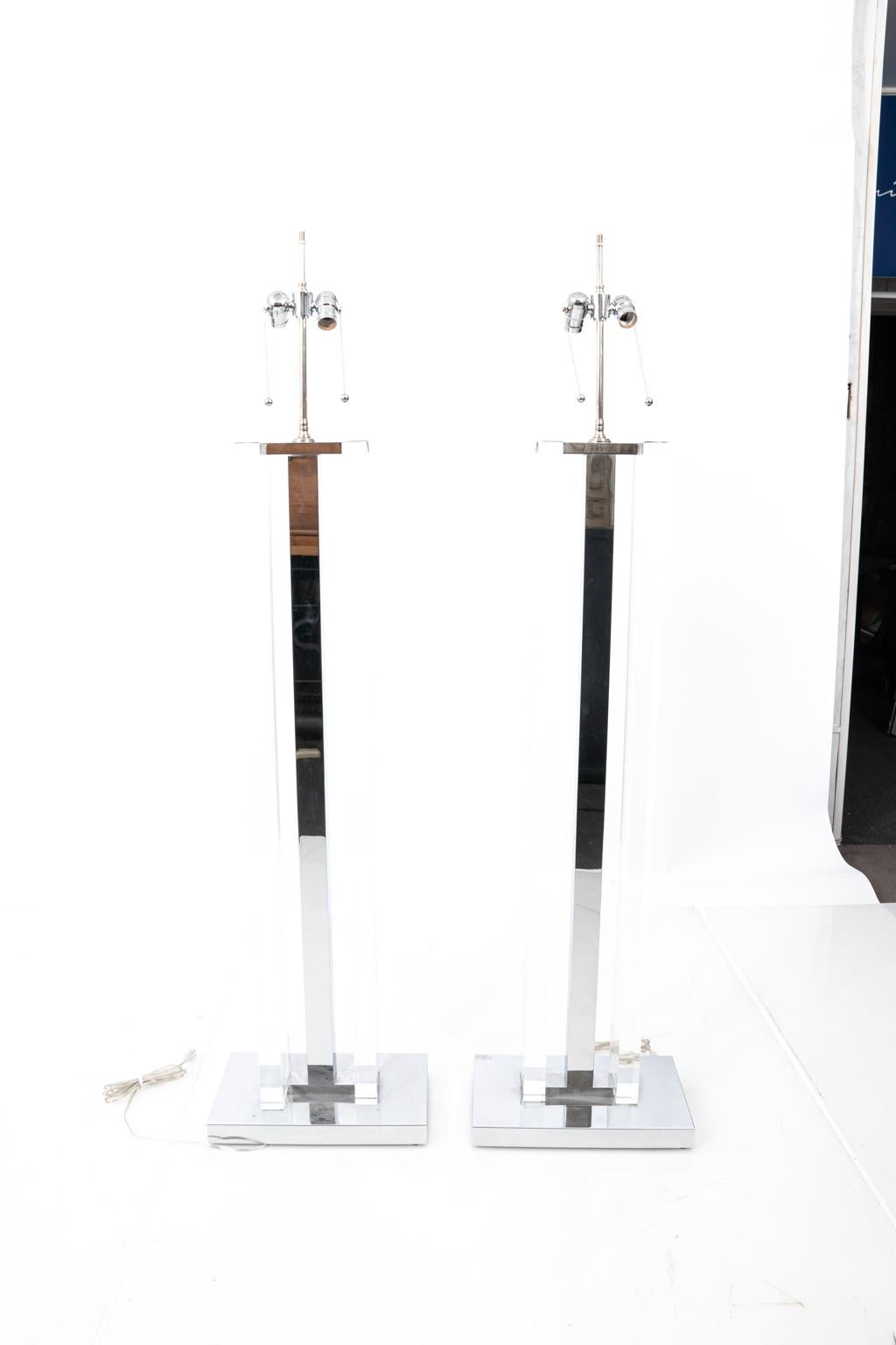 Pair of Nickel and Lucite Floor Lamps 4