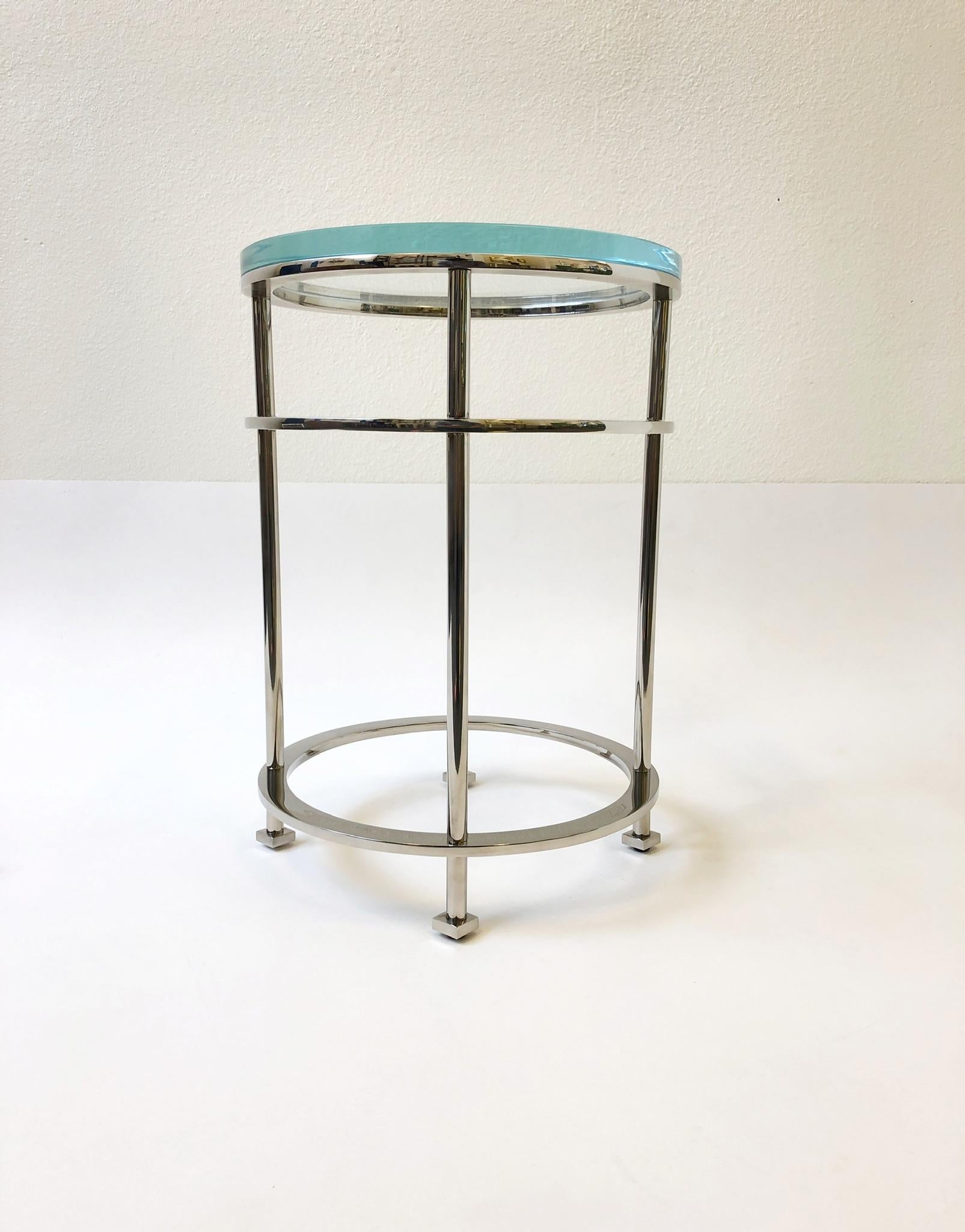 Pair of Nickel and Lucite Side Tables by Jean Michel Wilmotte for Mirak 6