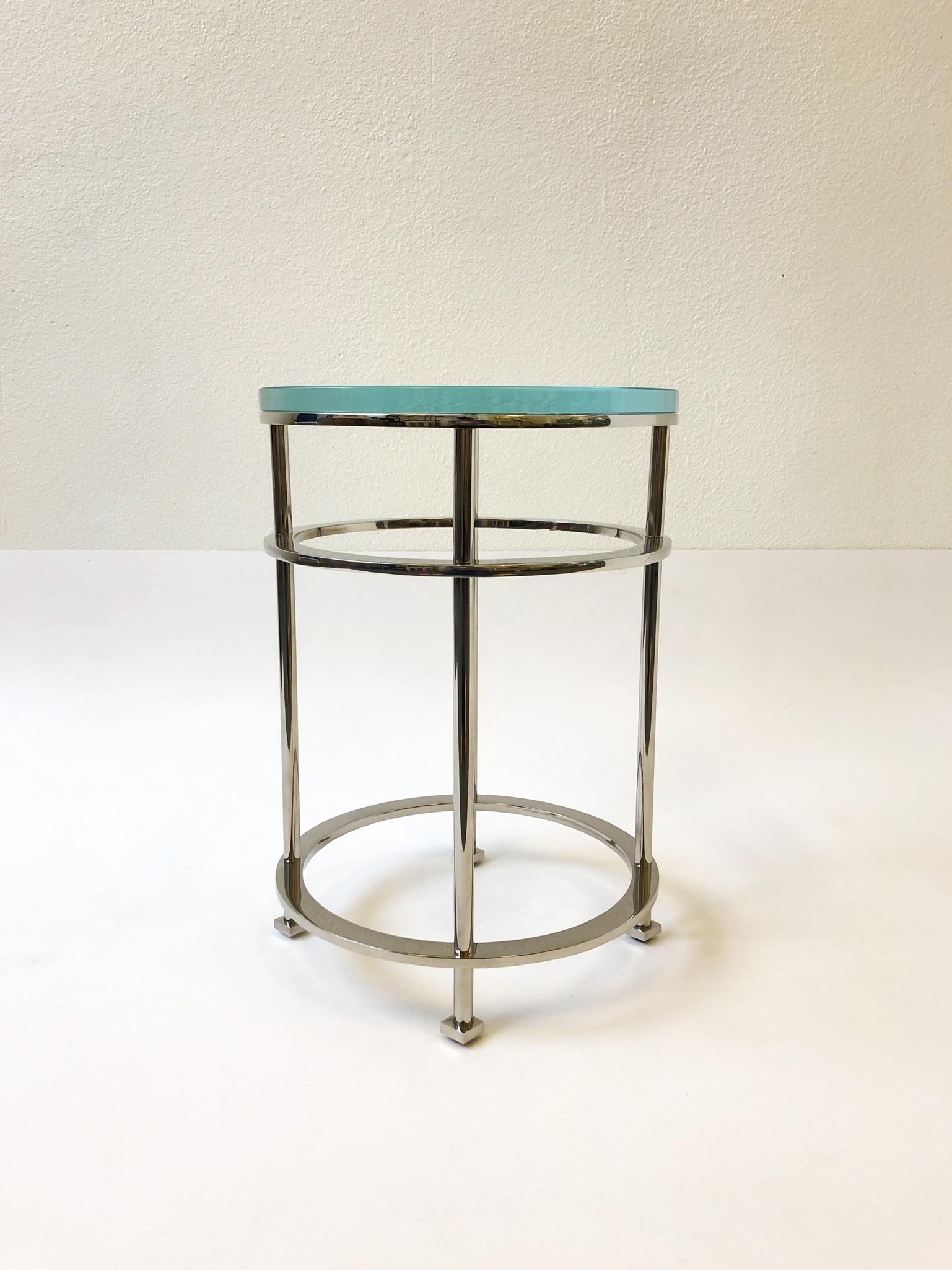 Pair of Nickel and Lucite Side Tables by Jean Michel Wilmotte for Mirak 8