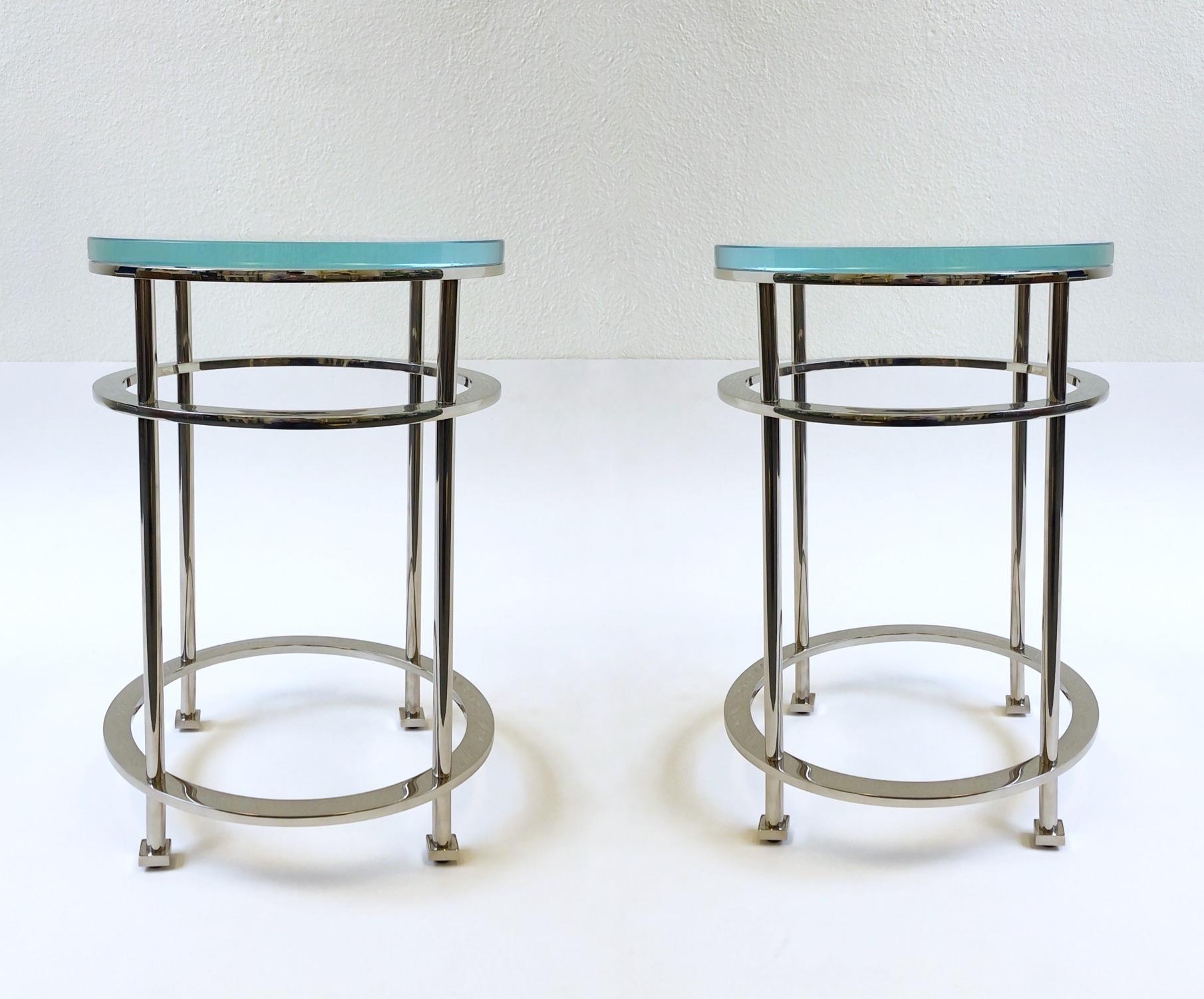 Modern Pair of Nickel and Lucite Side Tables by Jean Michel Wilmotte for Mirak