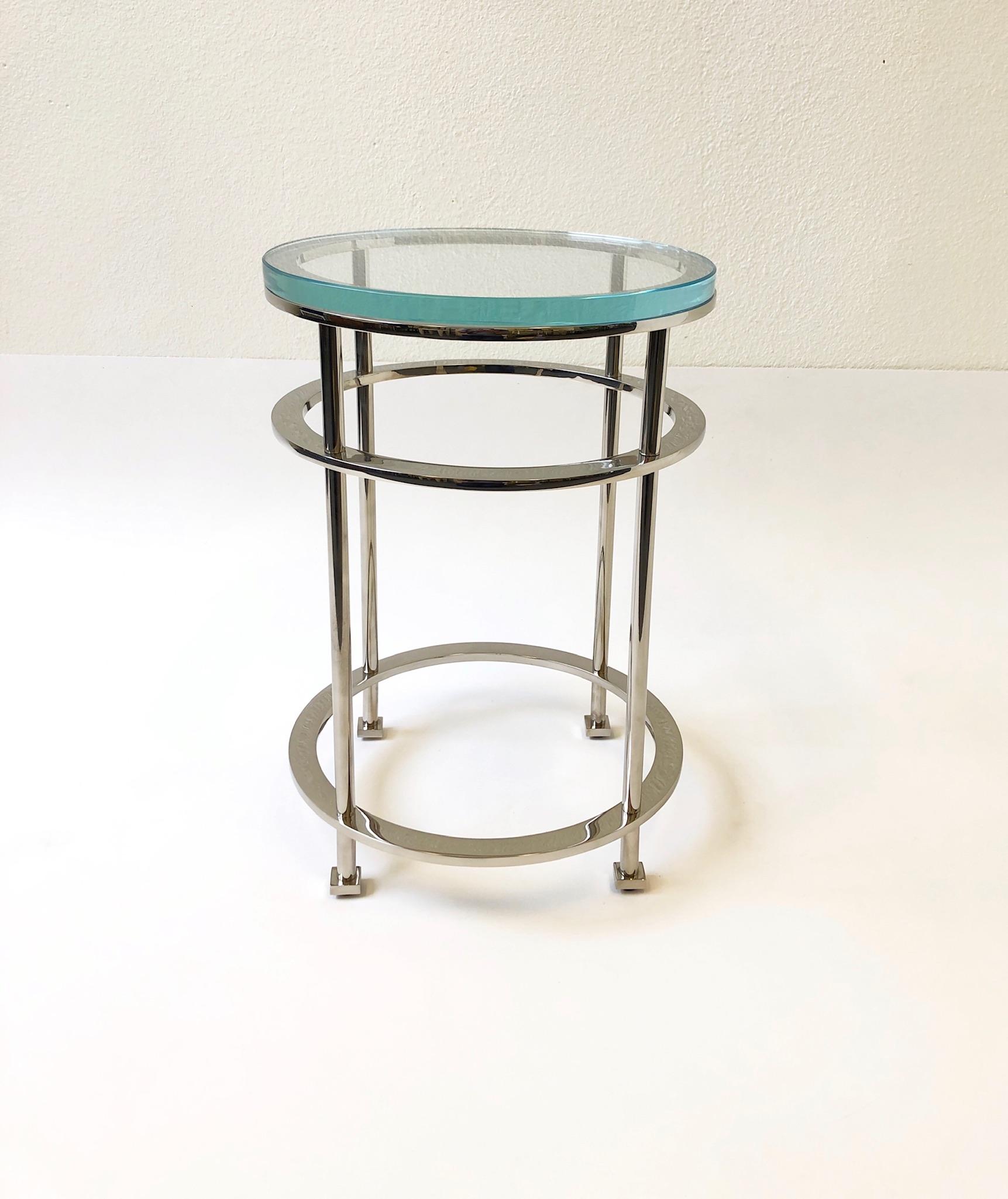 American Pair of Nickel and Lucite Side Tables by Jean Michel Wilmotte for Mirak