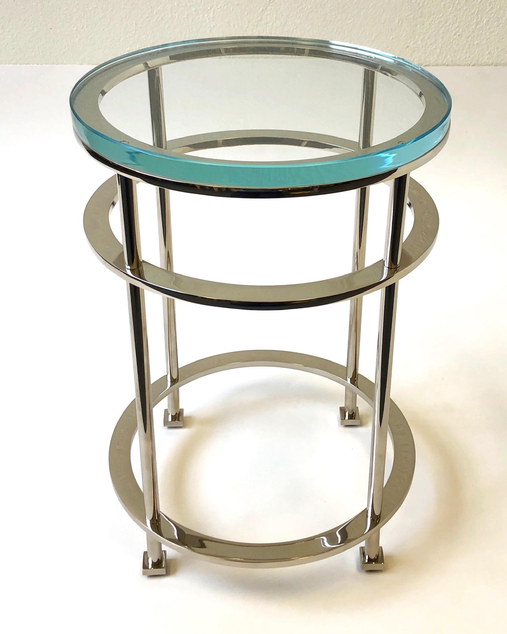 Polished Pair of Nickel and Lucite Side Tables by Jean Michel Wilmotte for Mirak
