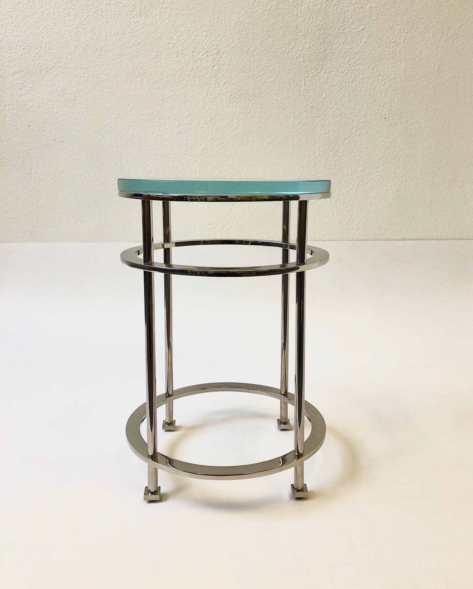 Pair of Nickel and Lucite Side Tables by Jean Michel Wilmotte for Mirak In Excellent Condition In Palm Springs, CA