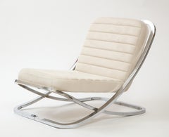 Pair of Low White Ultra Suede and Polished Chrome Lounge Chairs, 1970s, France