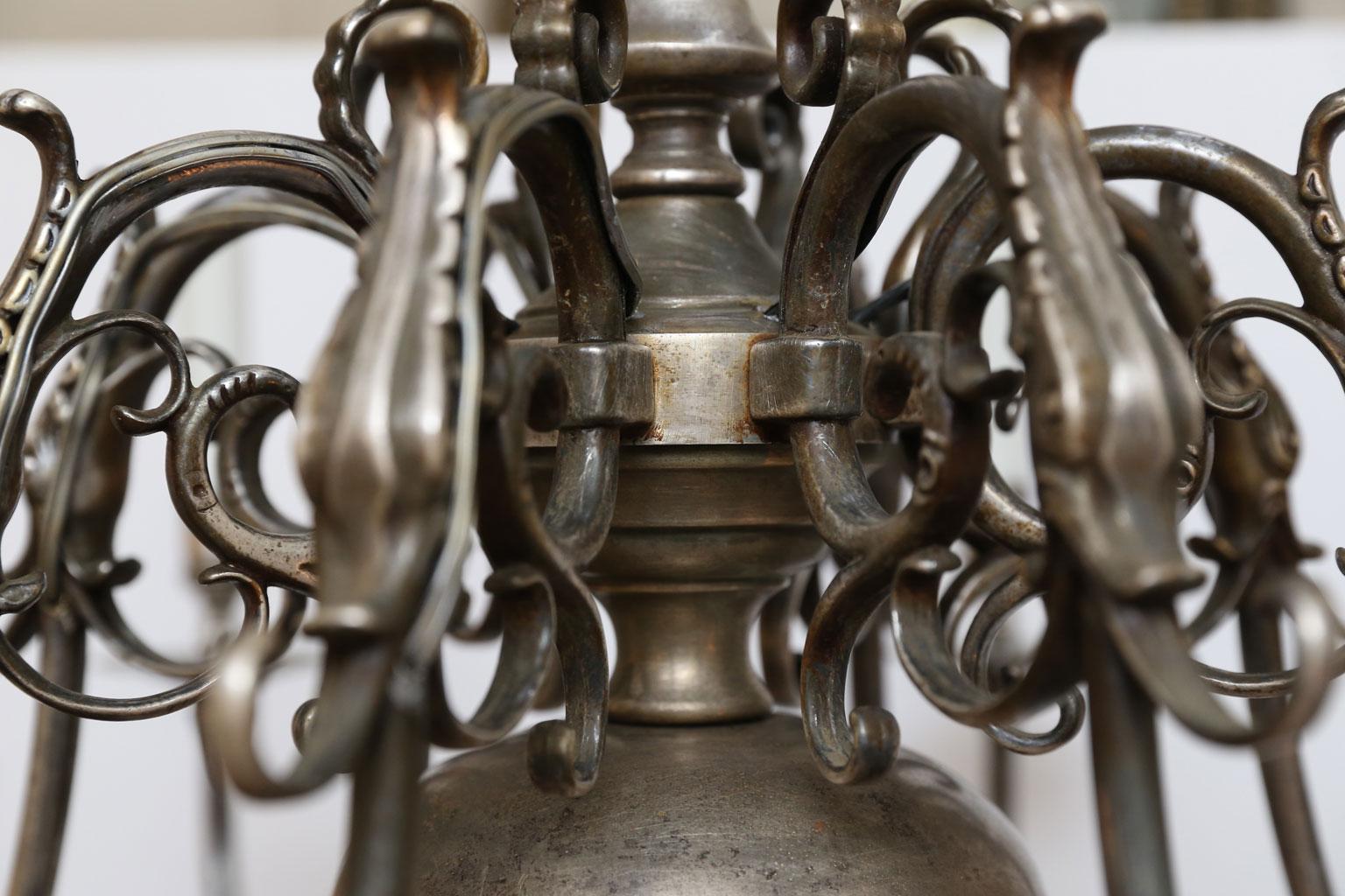 Pair of Nickel on Bronze Georgian-Style Flemish Chandeliers  In Good Condition In Houston, TX