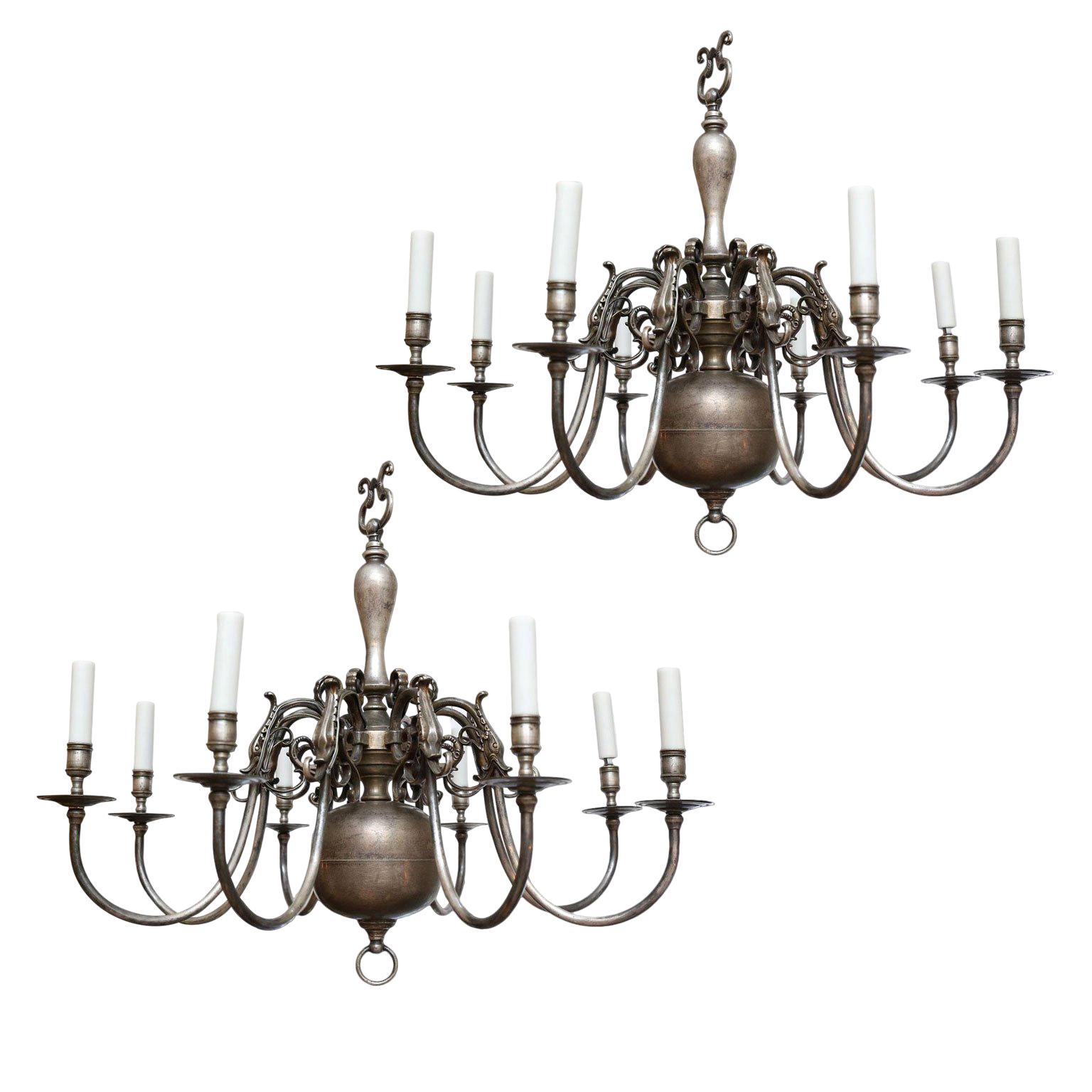 Pair of Nickel on Bronze Georgian-Style Flemish Chandeliers