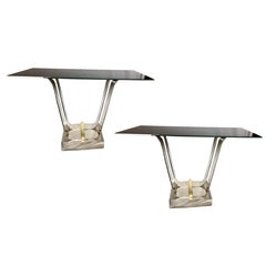Pair of Nickel-Plated and Glass Console Tables
