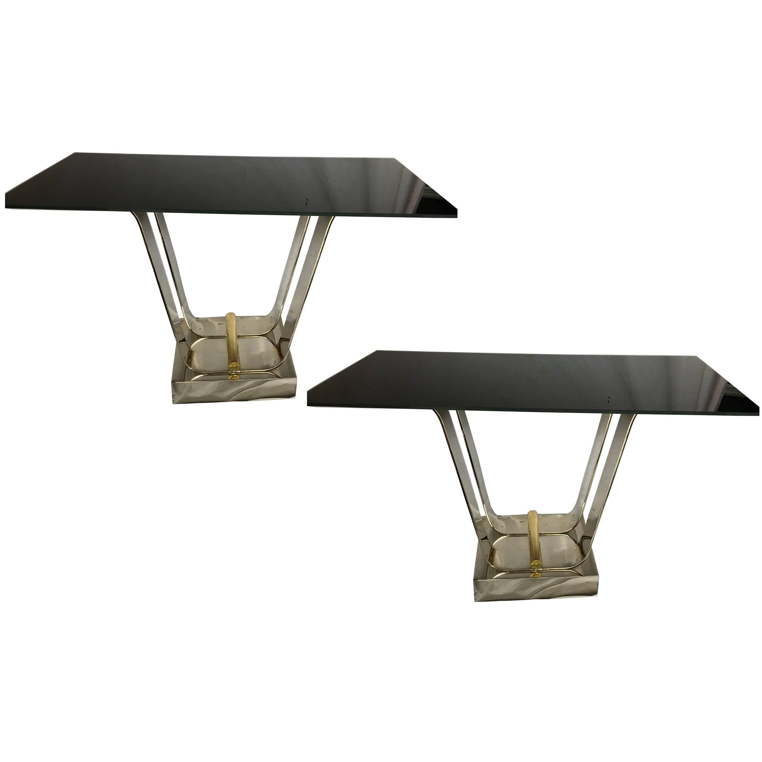 Pair of Nickel-Plated and Glass Console Tables For Sale