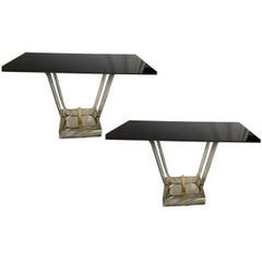 Used Pair of Nickel-Plated and Glass Console Tables