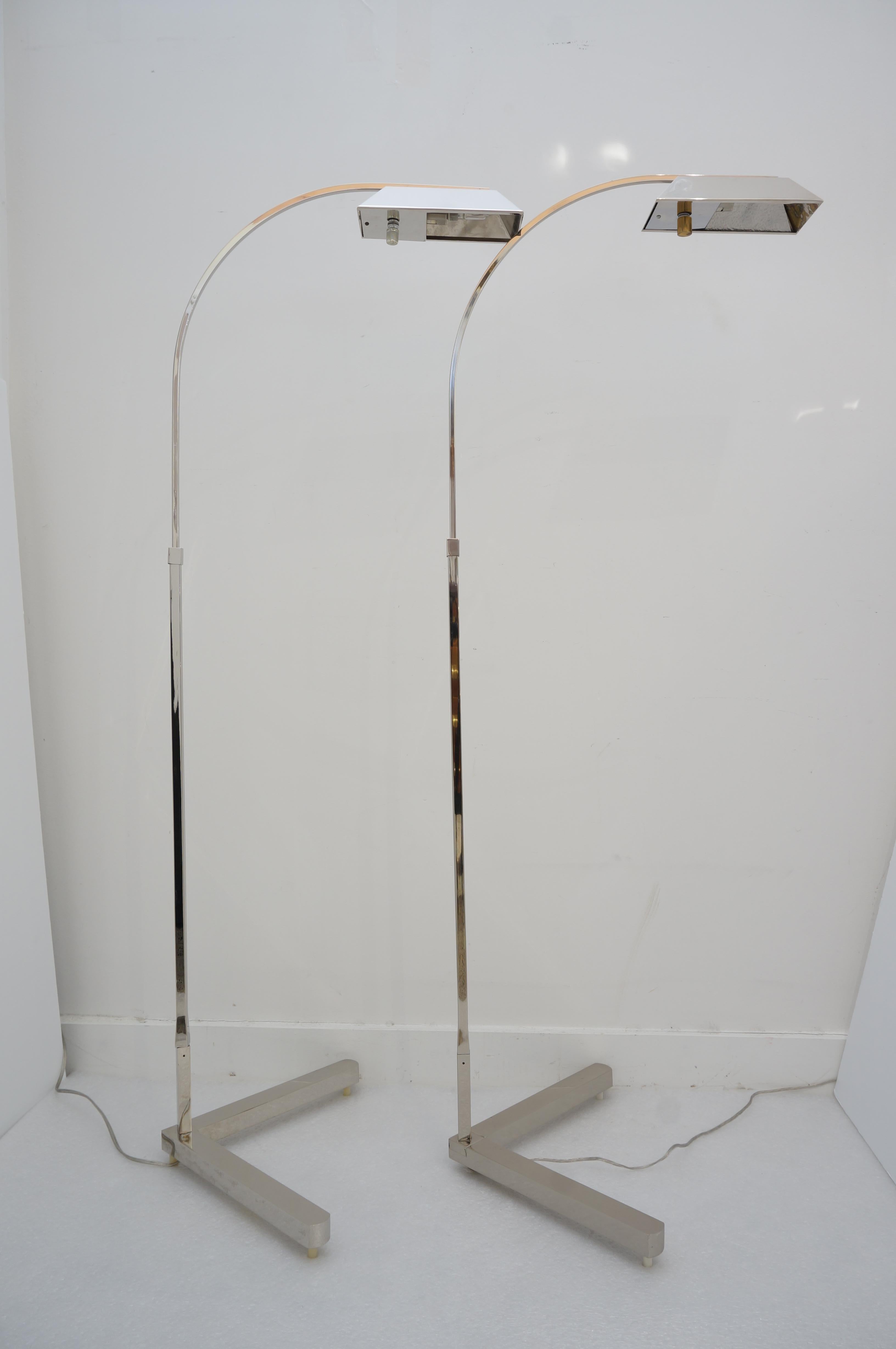 Pair of Nickel Plated Casella Adjustable Floor Lamps In Good Condition In West Palm Beach, FL