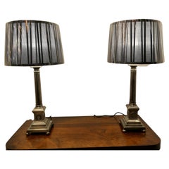 Pair of Nickel Plated Corinthian Column Table Lamps with Shades