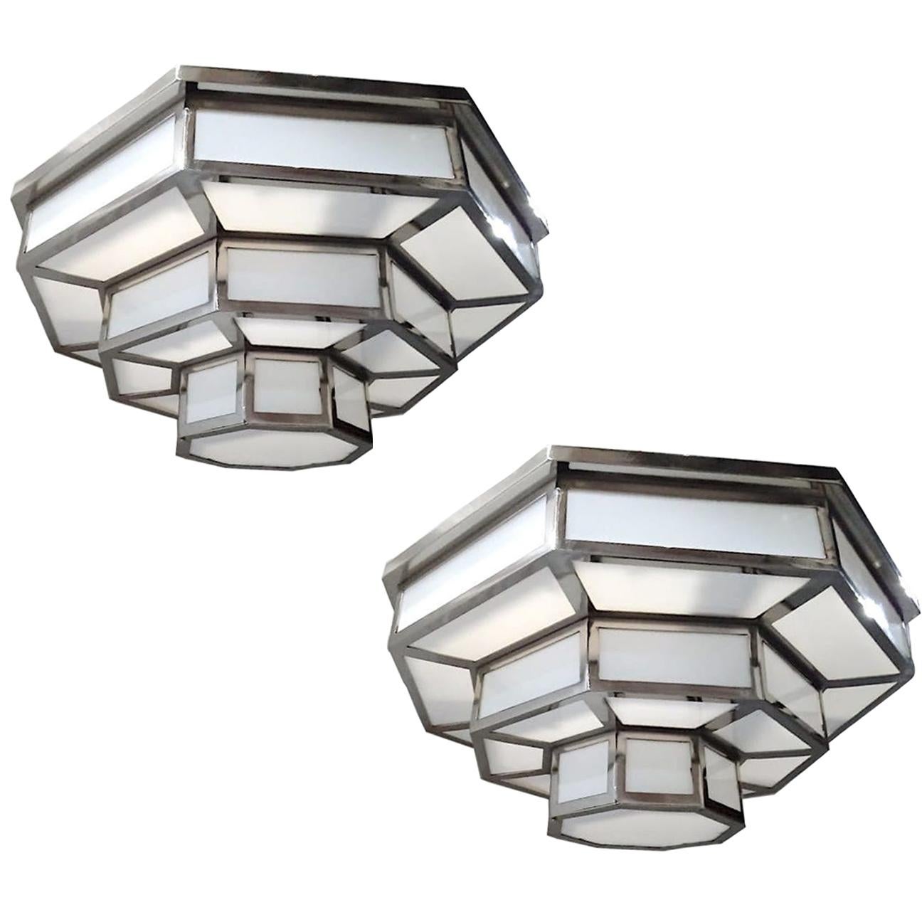 Mid-20th Century Pair of Nickel-Plated Milk Glass Fixtures, Sold Individually For Sale