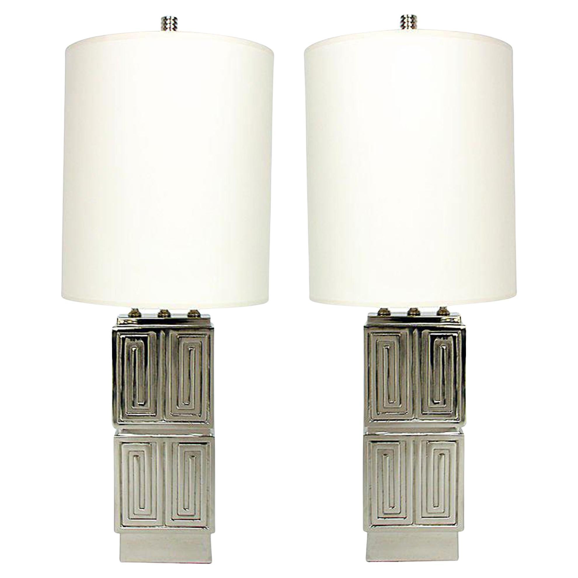 Pair of Nickel Plated Greek Key Design Table Lamps For Sale