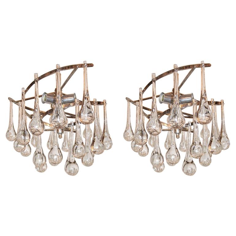 Pair of Nickel-Plated Light Fixtures with Glass Drops. Sold Individually.  For Sale