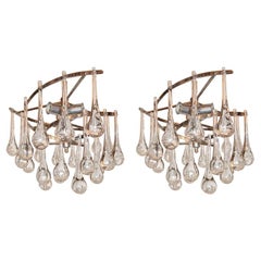 Pair of Nickel-Plated Light Fixtures with Glass Drops. Sold Individually. 