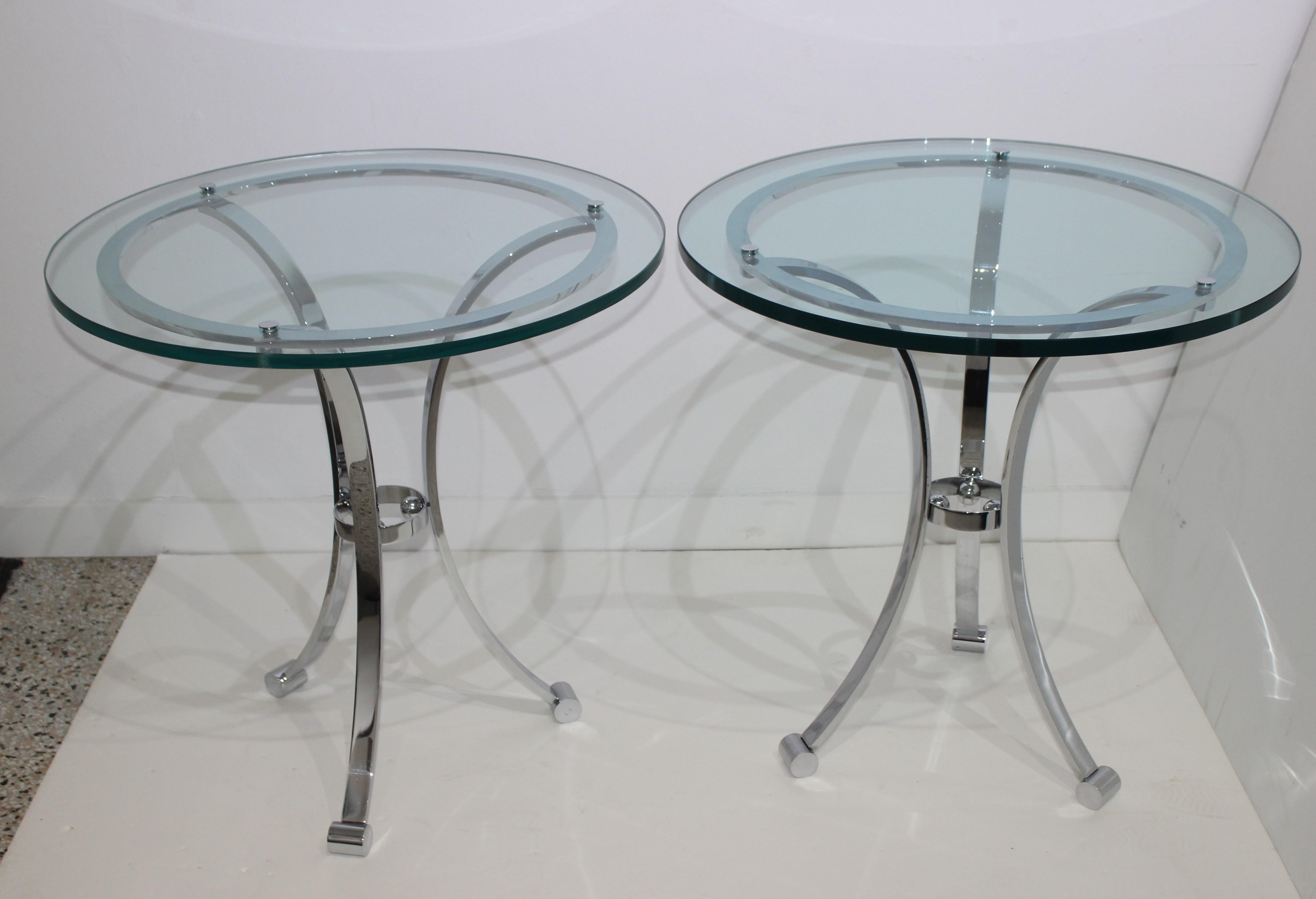 Italian Pair of Nickel-Plated Maison Jansen Style Gueridon Tables For Sale