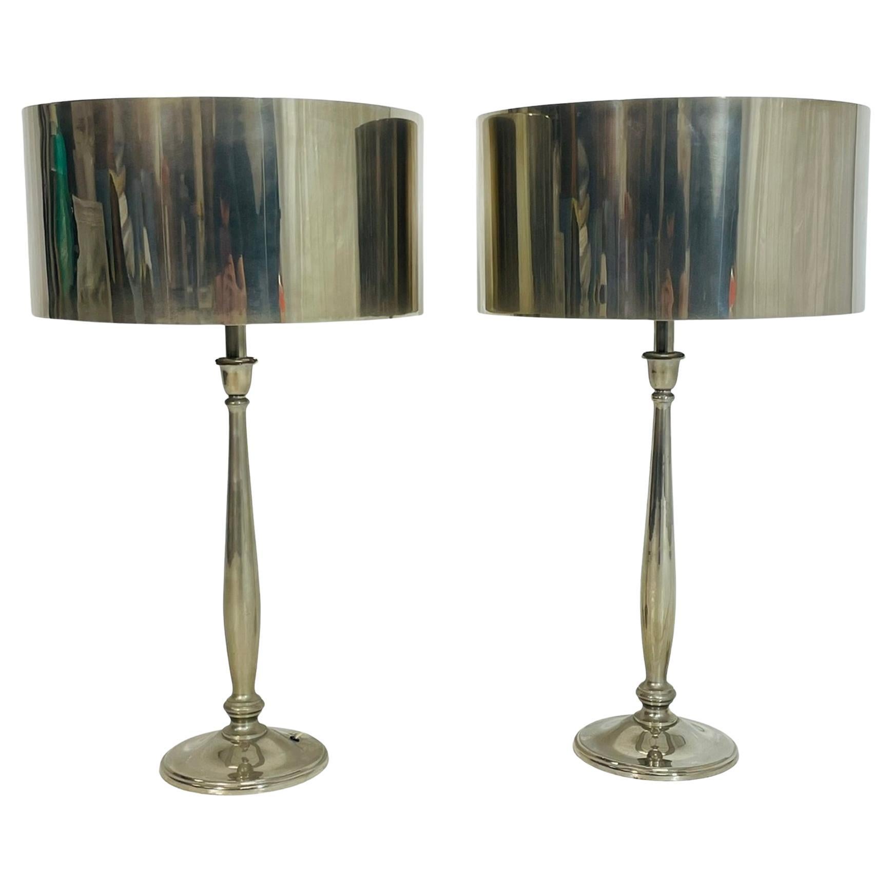 Pair of Nickel-Plated Modern Table Lamps with Matching Metal Shades