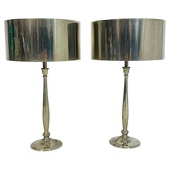 Pair of Nickel-Plated Modern Table Lamps with Matching Metal Shades