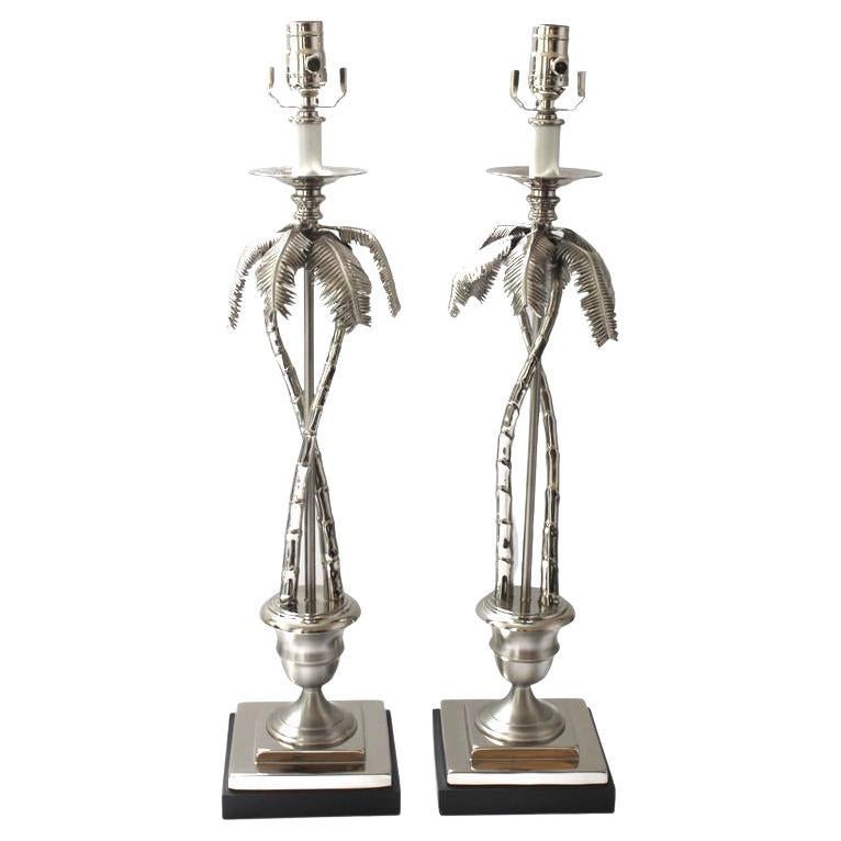 Pair of Nickel Plated Palm Tree Lamps by Angel & Zevallos For Sale
