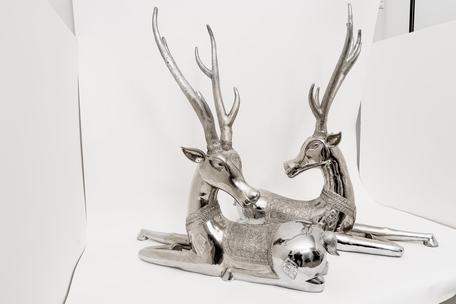 Cast Pair of Nickel-Plated Recumbent Deer For Sale