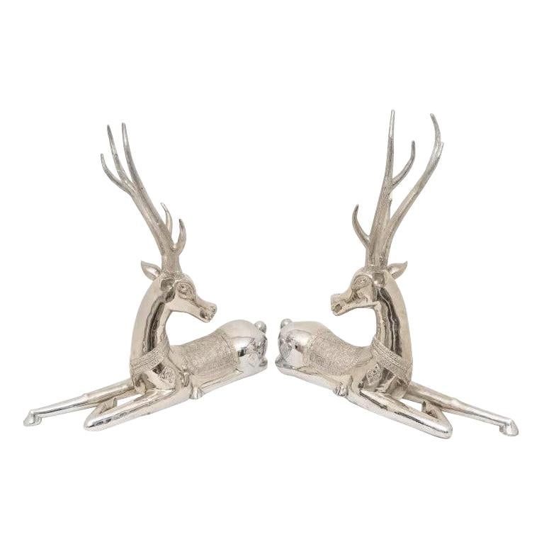 Pair of Nickel-Plated Recumbent Deer For Sale