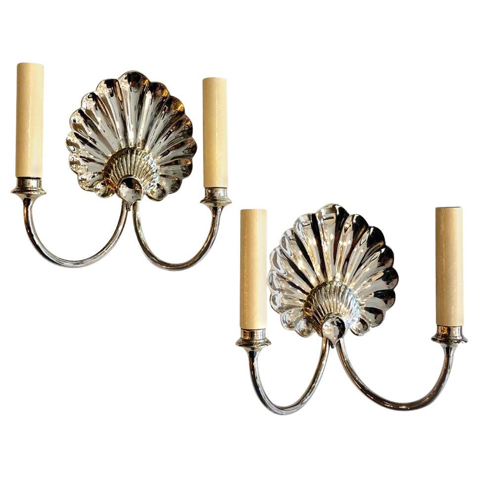 Pair of Nickel-Plated Shell Sconces For Sale
