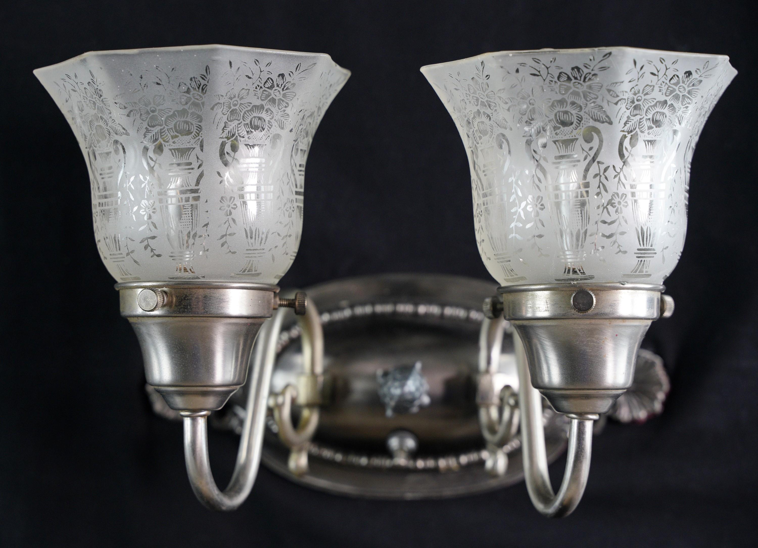 Victorian Pair of Nickle Plated 2 Arm Sconces Etched Glass Shades 
