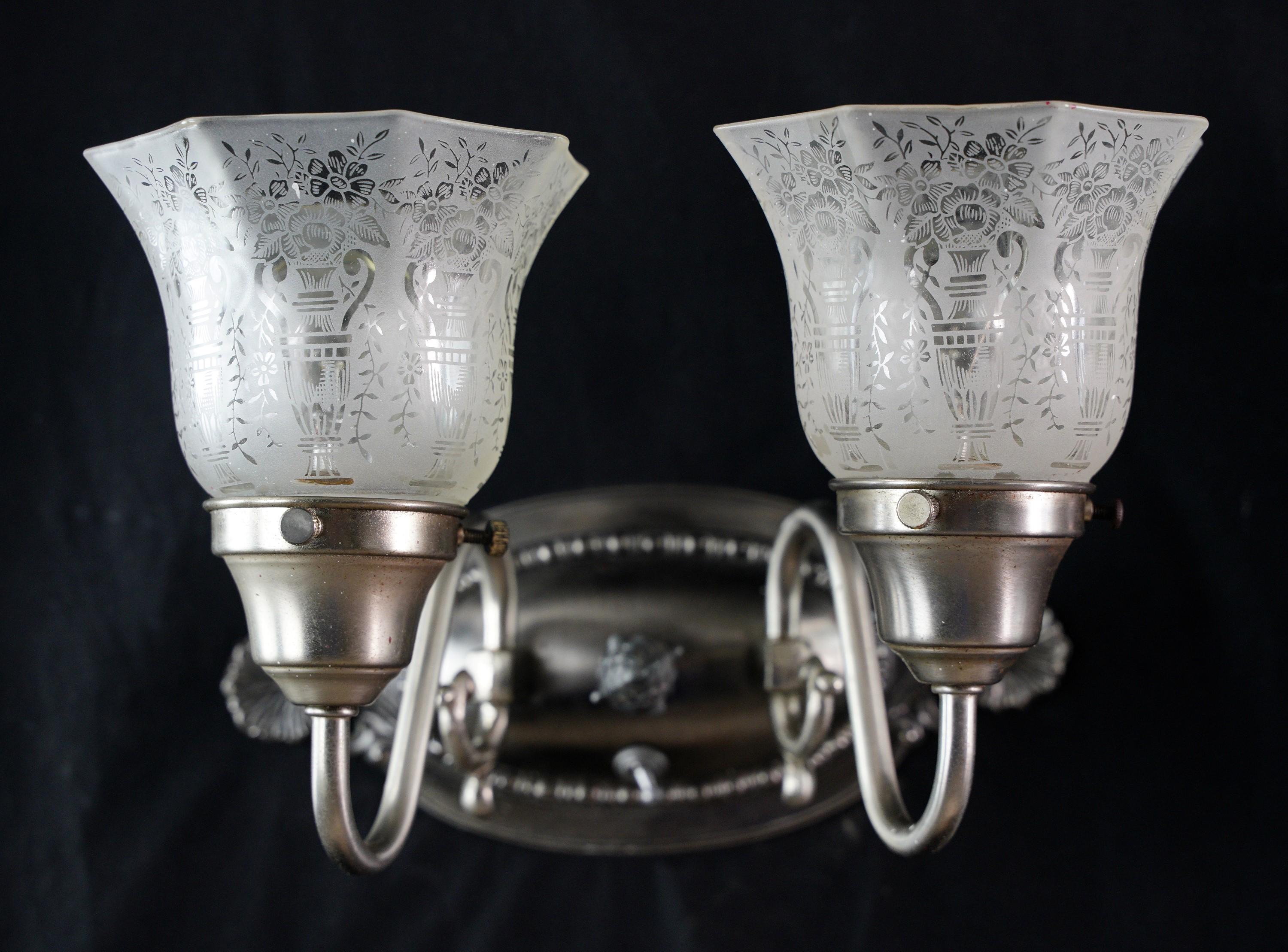 Frosted Pair of Nickle Plated 2 Arm Sconces Etched Glass Shades 