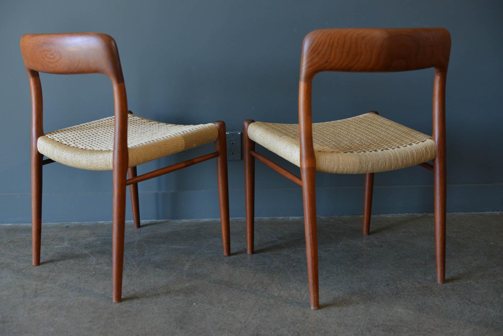 Pair of Niels Moller side or dining chairs, model 75, circa 1960. Original solid teak frames with newly restored papercord seats in period correct papercord and weave pattern.
Used as side chairs, dining chairs or to fill in your existing