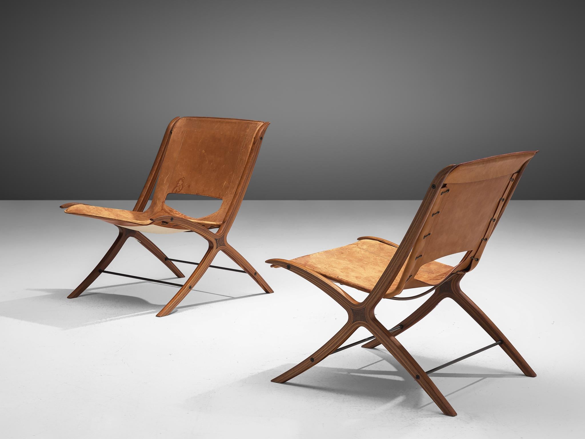 Scandinavian Modern Pair of Nielsen and Hvidt X-Chairs in Mahogany and Cognac Leather