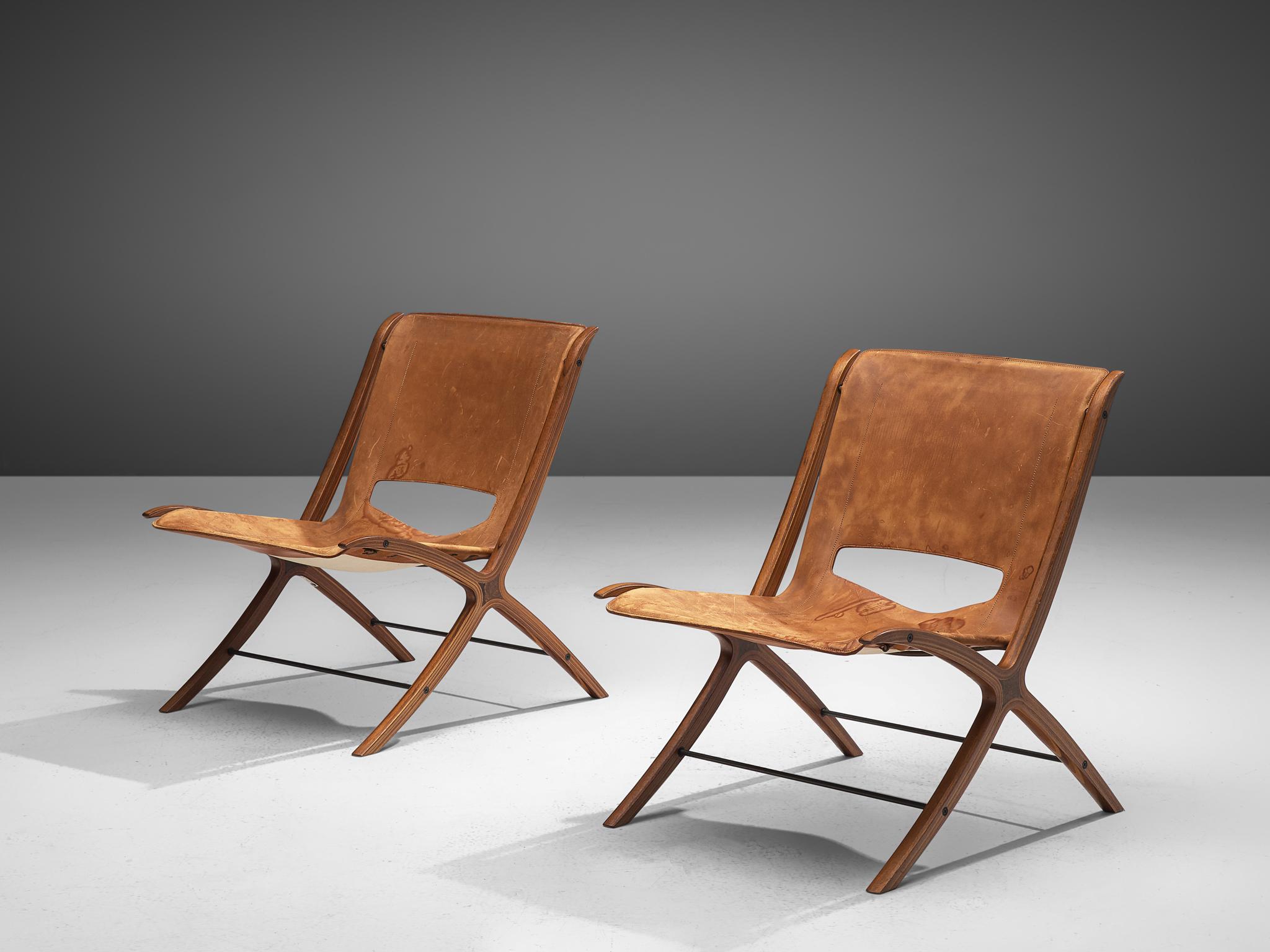 Danish Pair of Nielsen and Hvidt X-Chairs in Mahogany and Cognac Leather