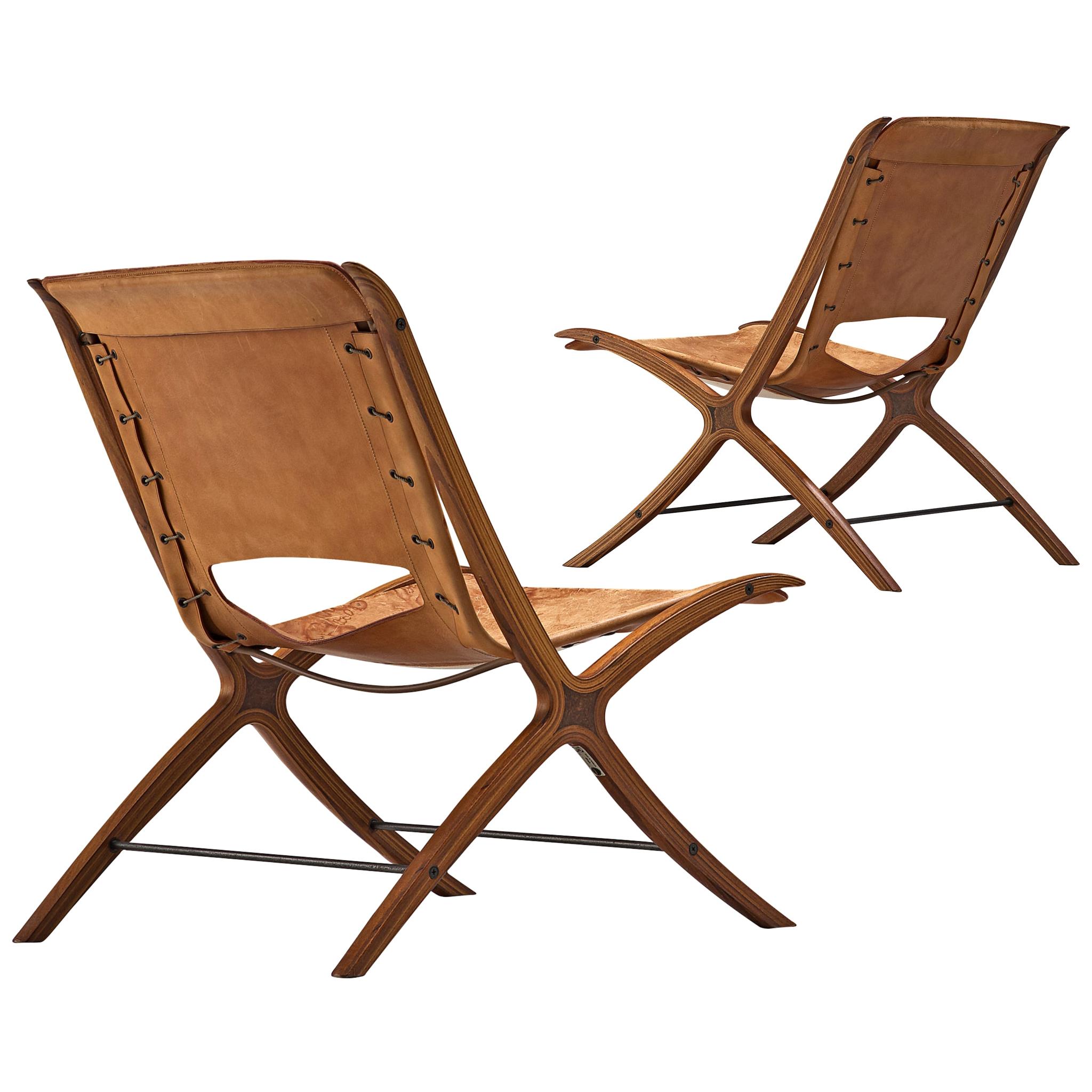 Pair of Nielsen and Hvidt X-Chairs in Mahogany and Cognac Leather