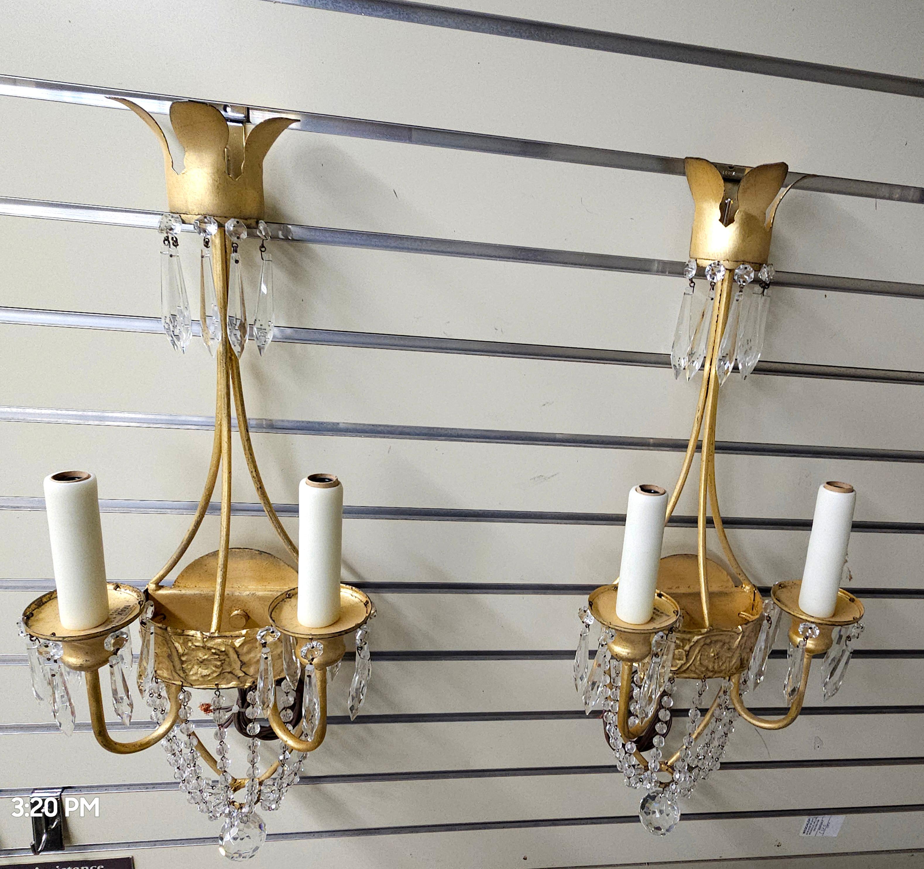 Pair of Niermann Weeks 'Neapolitan' Crystal & Gilt Metal Two Light Wall Sconces For Sale 3