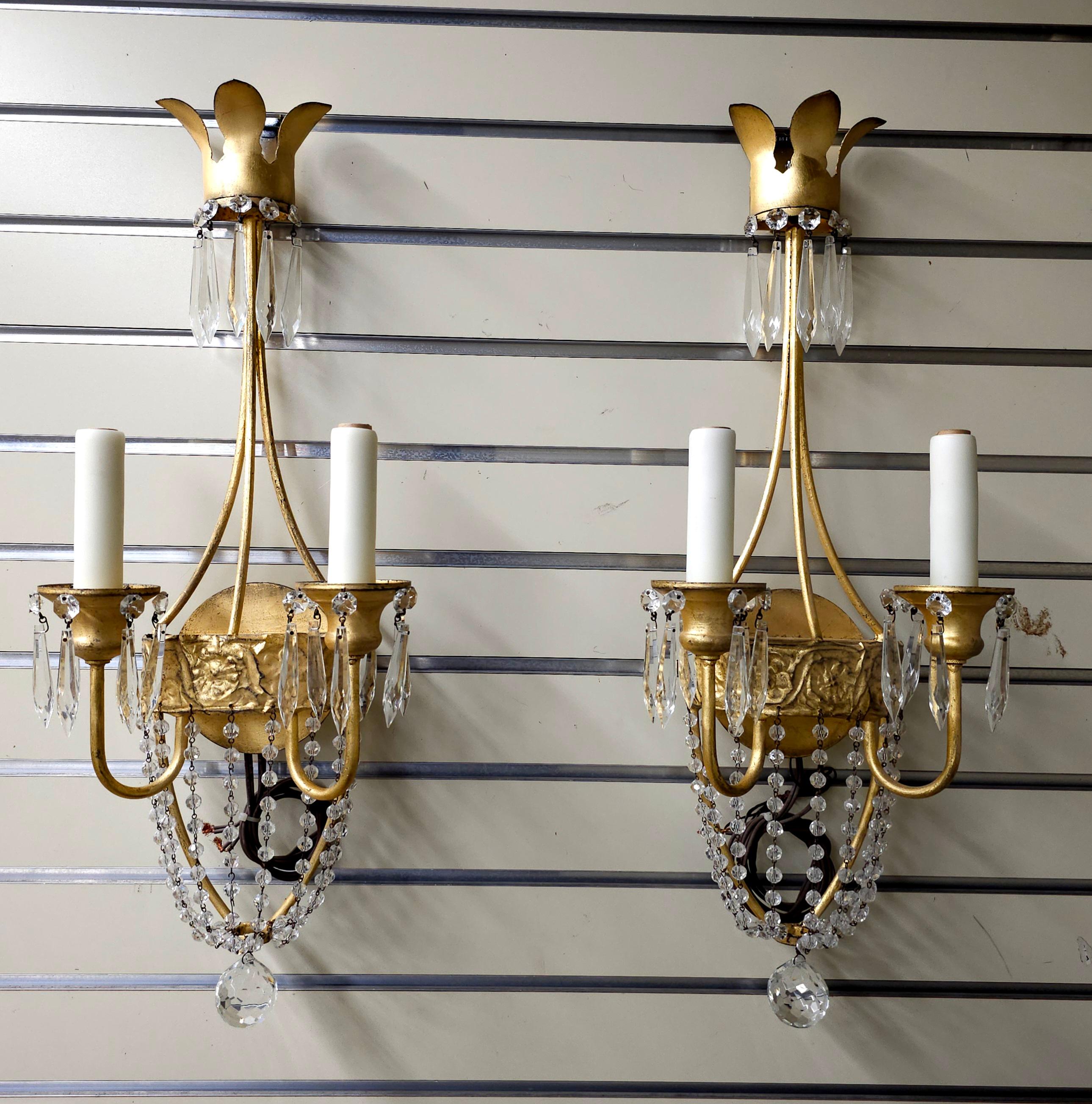 Pair of Niermann Weeks 'Neapolitan' Crystal & Gilt Metal Two Light Wall Sconces
Measures 9