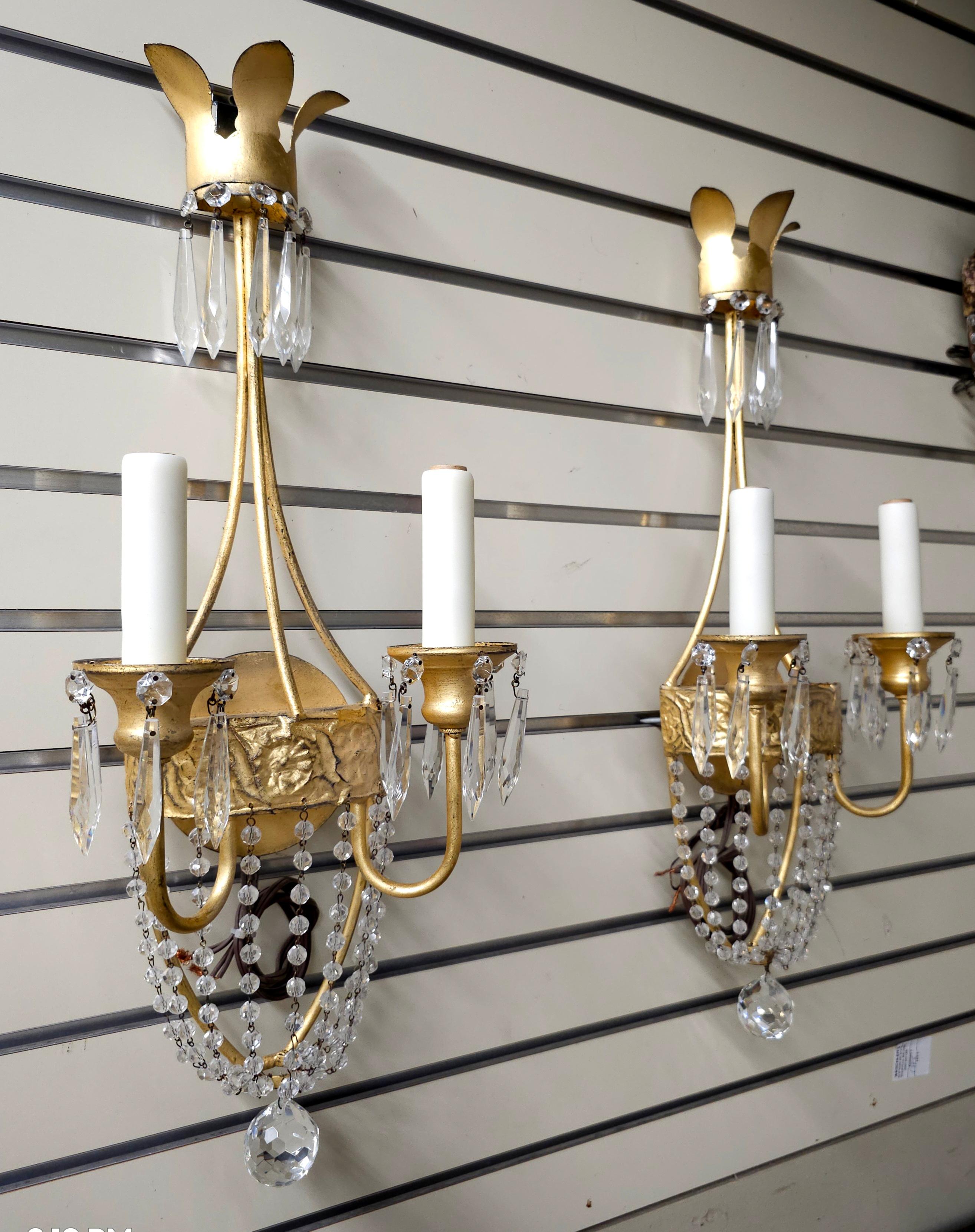 Modern Pair of Niermann Weeks 'Neapolitan' Crystal & Gilt Metal Two Light Wall Sconces For Sale