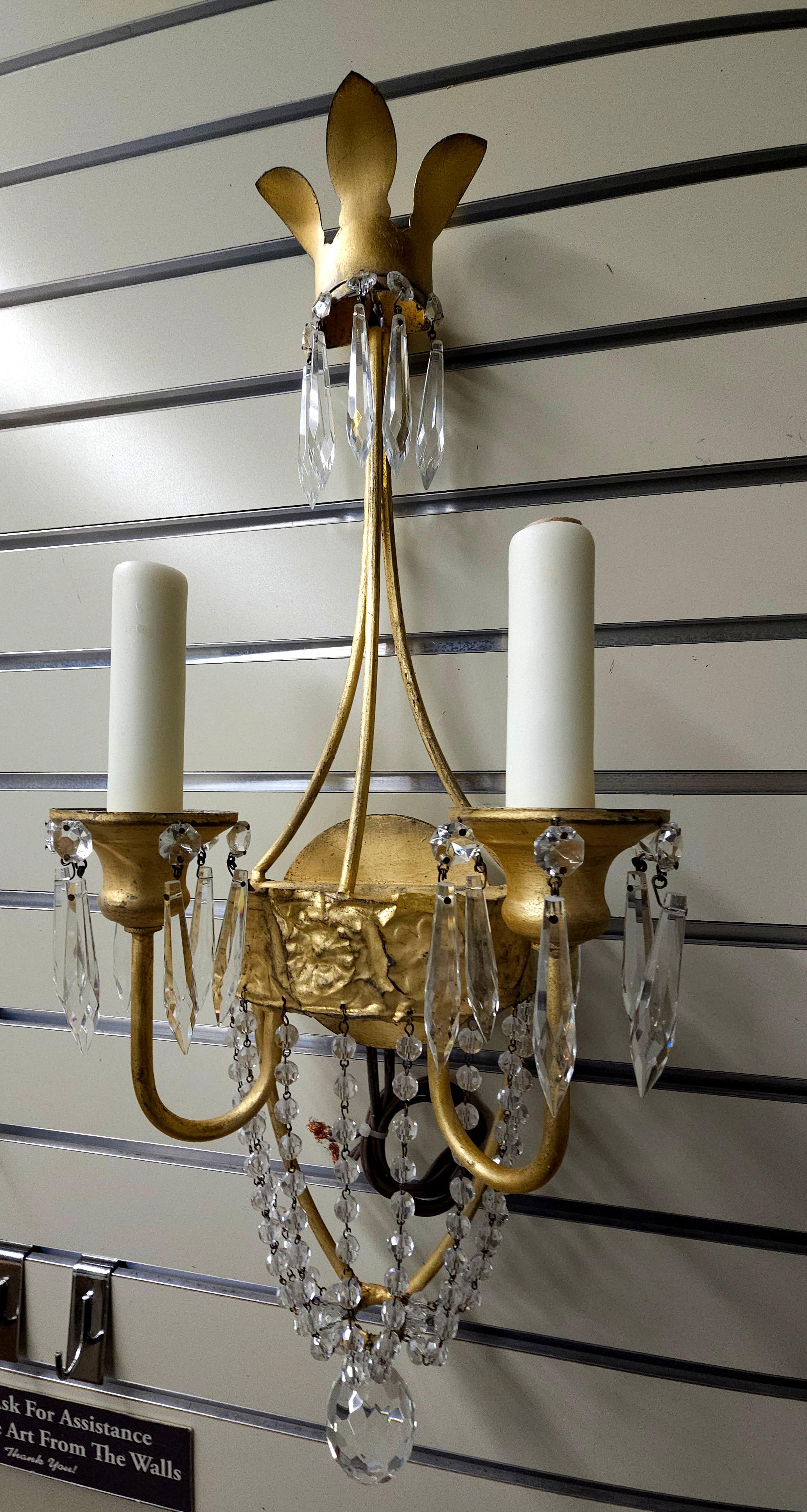 American Pair of Niermann Weeks 'Neapolitan' Crystal & Gilt Metal Two Light Wall Sconces For Sale